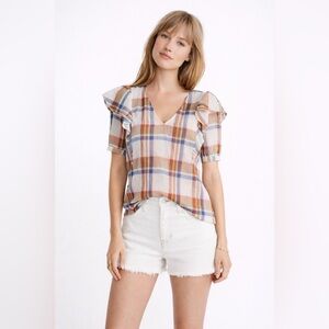 Madewell Plaid Ruffle Shoulder Cotton Top Crinkle Gauze V Neck Feminine XS